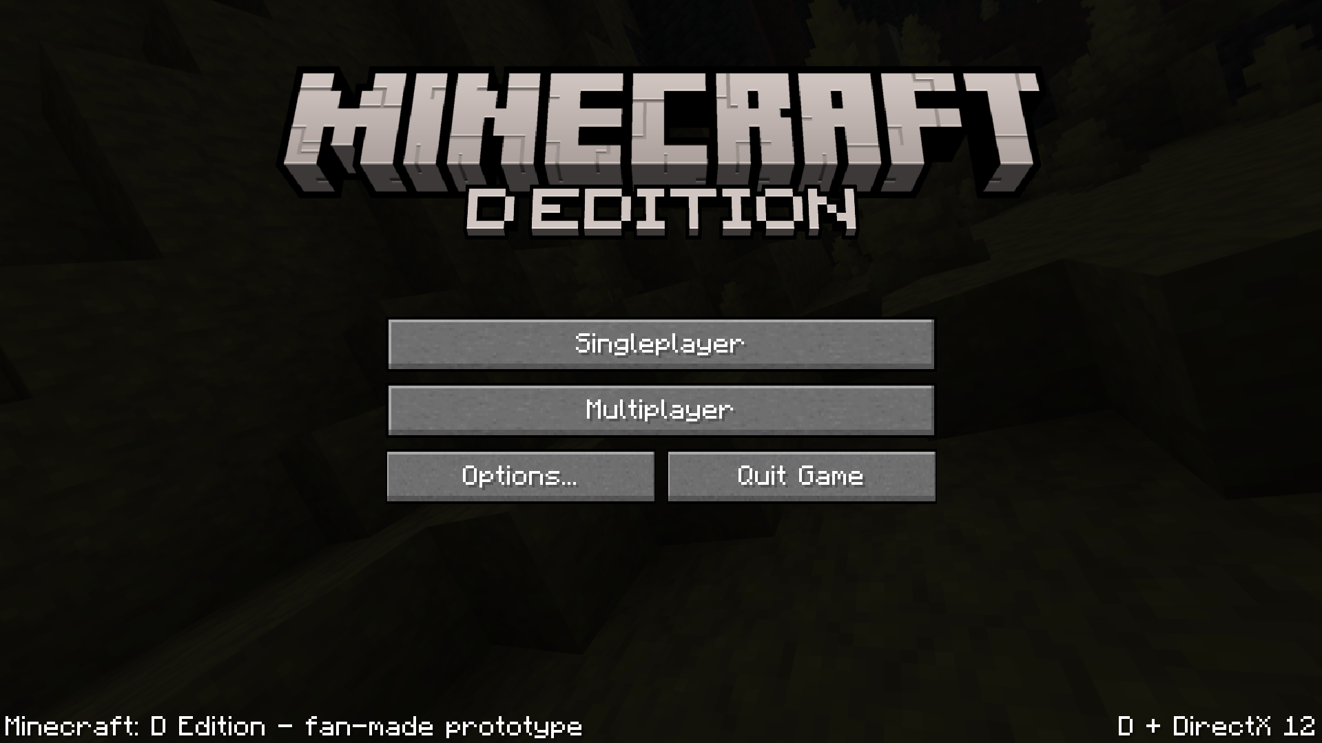 Minecraft D Edition title screen running on DirectX 12